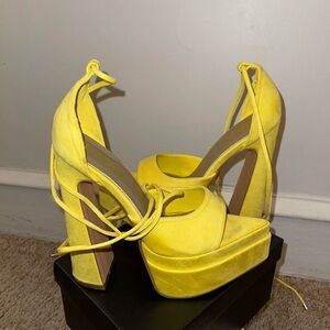 EGO Bright Yellow platform DOLLSKILL inspired point toe suede lace up heels.
